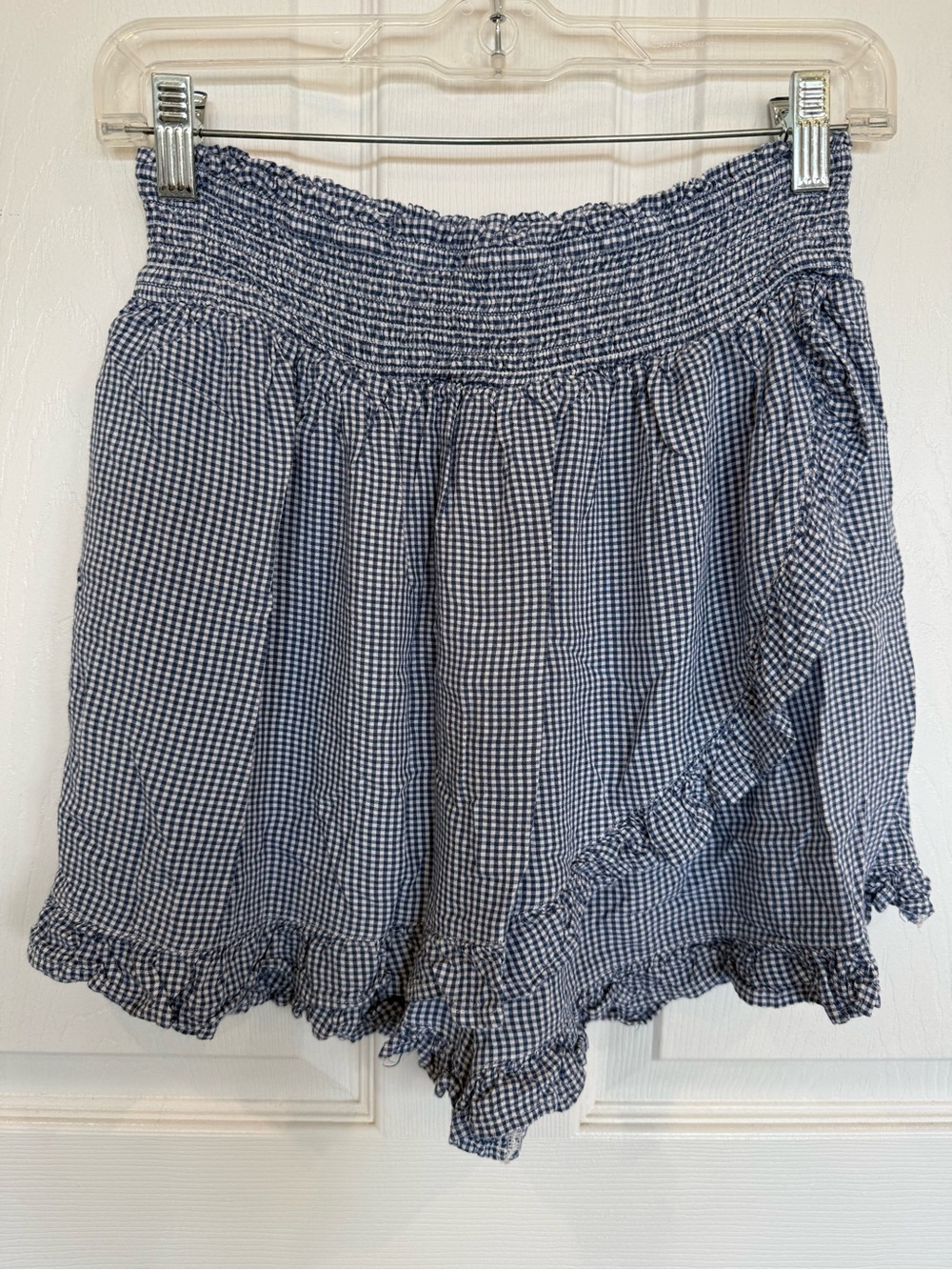 Gingham elastic Waist Ruffle Skort - Blue & White lightweight pockets